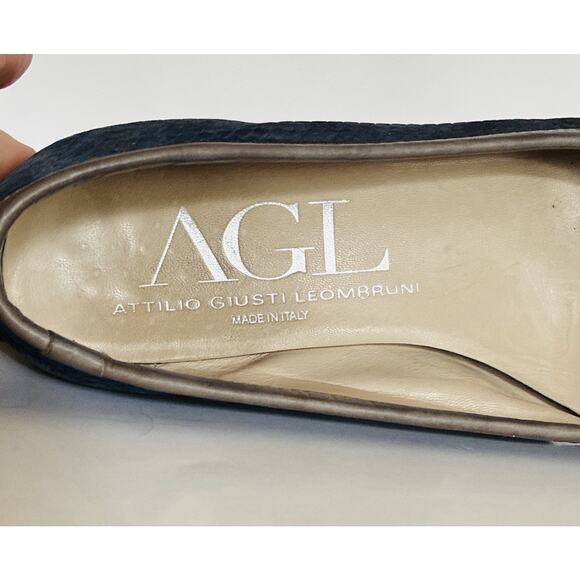 AGL Sz 9 Vero Cuoio Italian Gray Leather Toe Dble Bkl Blue Suede Braided Flats - Picture 5 of 7